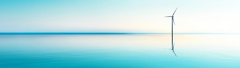 Obraz premium A lone wind turbine reflecting in a crystal-clear lake, minimalist and striking