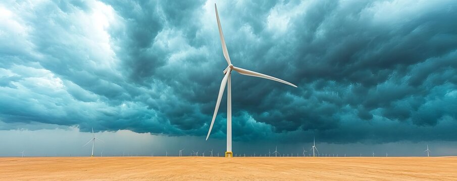 A wind farm on a desert plain under dramatic, cloudy skies, showcasing resilience