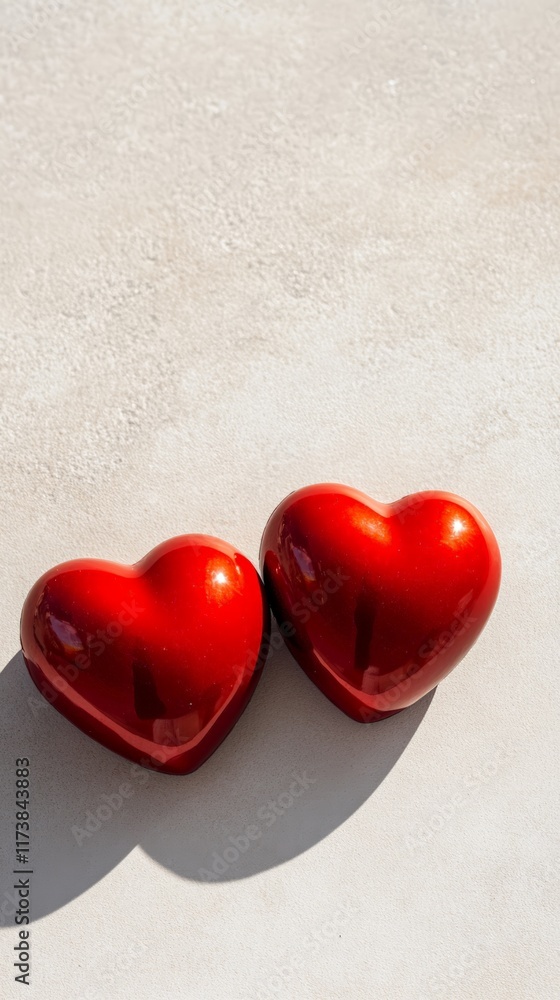 Poster two glossy red heart shaped objects are casting shadows on a textured off white surface. evoking fee