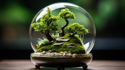 Miniature Zen Garden in Glass Dome: A Serene Bonsai Landscape