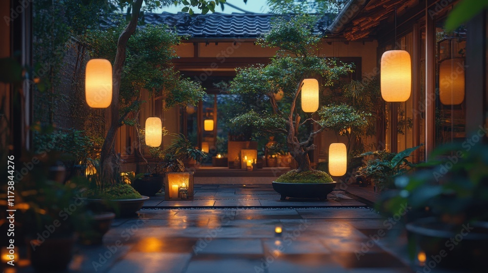 Aufkleber enchanting lanterns illuminate a serene garden path during twilight in a tranquil retreat. generativ