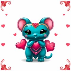 Cute Mouse in Love: A charming illustration of a blue mouse adorned with a golden crown holding a heart, surrounded by pink hearts in a playful and romantic setting.  