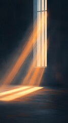 Sunbeams illuminate a dark room through a tall window.