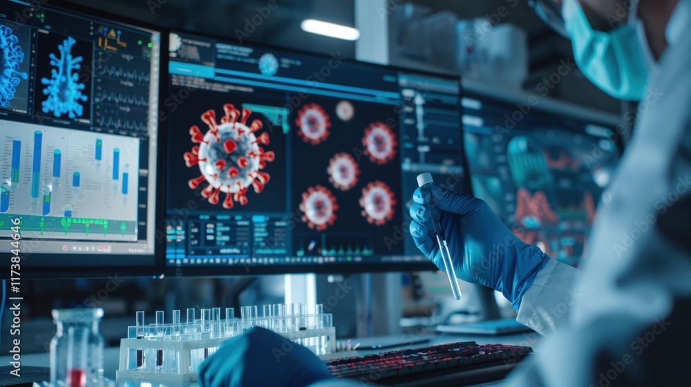 Poster scientist analyzes virus sample on computer screens displaying viral data.