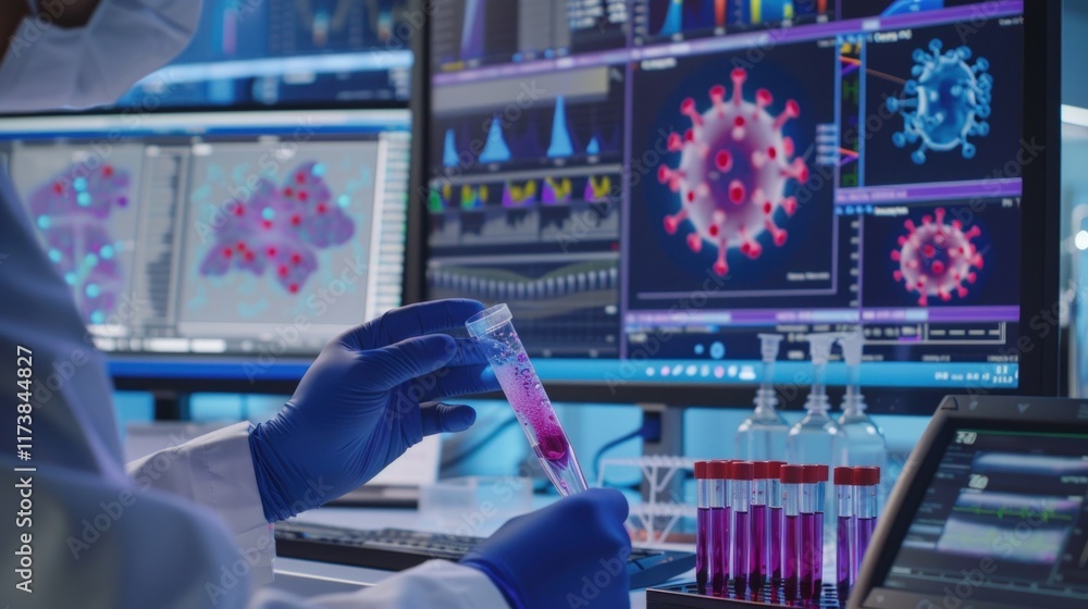 Poster scientist examines sample vial with virus data displayed on monitors.