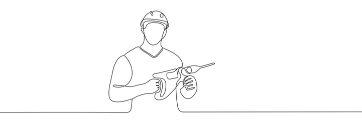 Naklejka premium Worker holding a drill. Editable one continuous line