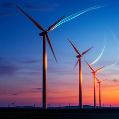 Fototapeta premium Artistic interpretation of wind turbines with glowing trails, energy in motion