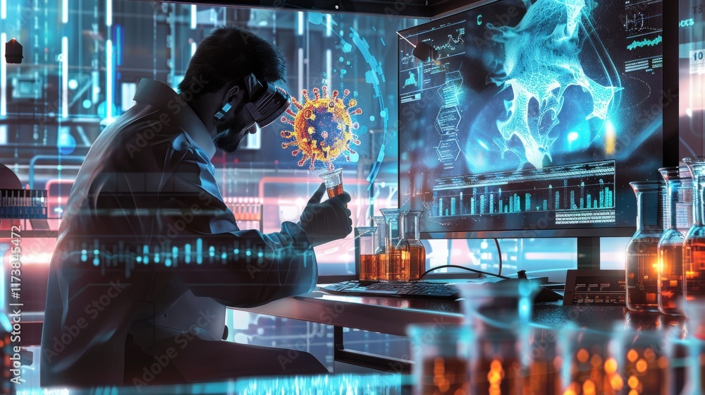 Poster scientist in vr headset examining a virus sample in a lab using advanced technology.