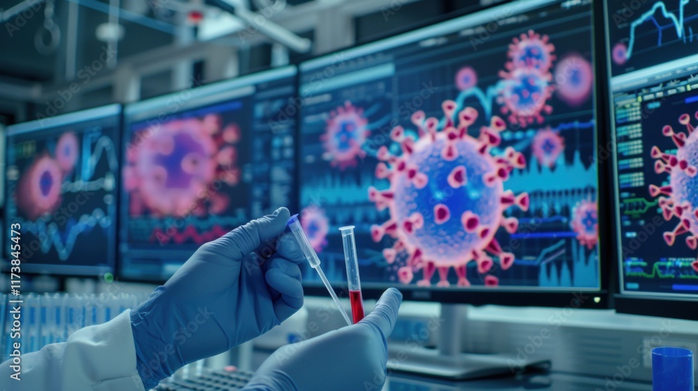 Poster scientist in lab analyzing blood sample with virus data on monitors.