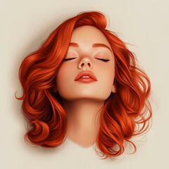 Obraz premium Illustration of a beautiful woman with red hair and closed eyes, woman with red hair