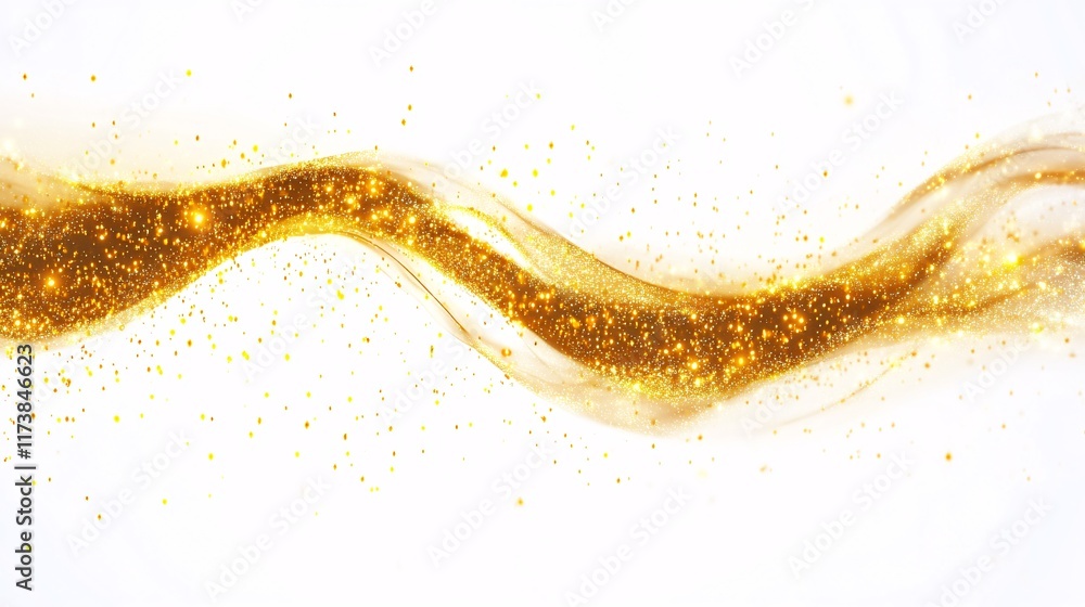 Poster a shimmering wave of golden particles on a soft white background, creating a sense of elegance and l