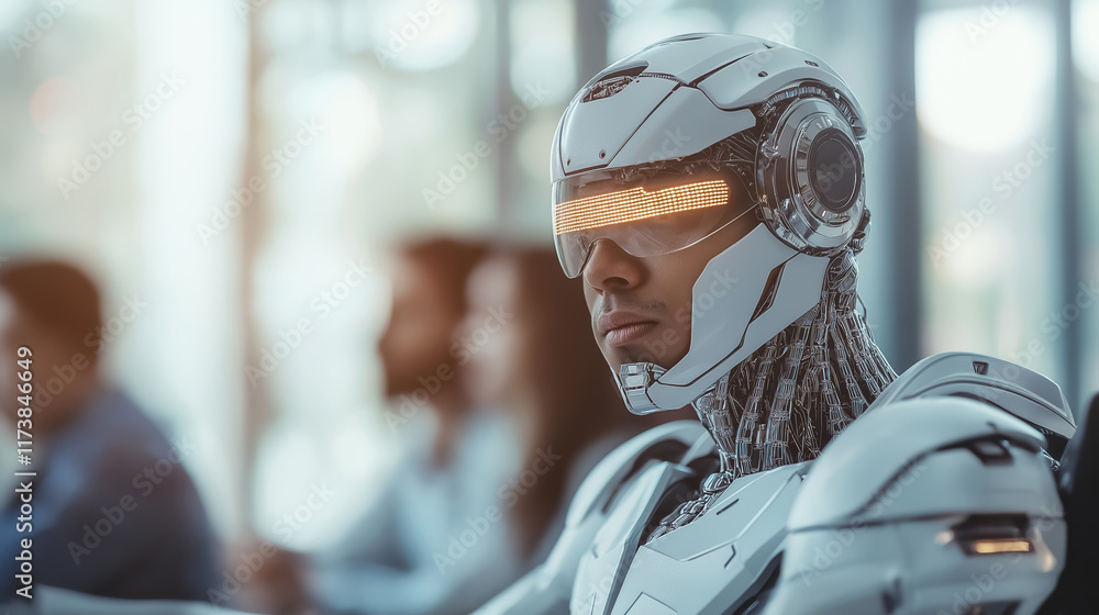 Poster a humanoid ai robot with an advanced design collaborates seamlessly in a futuristic office setting, 