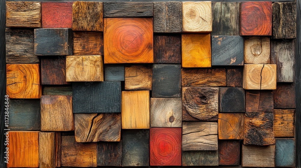 Poster colorful arrangement of wooden blocks highlighting natural textures and patterns in an artistic disp