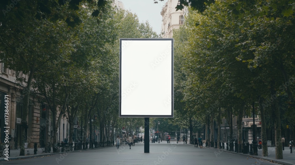 Poster Large blank vertical billboard mockup standing in the middle of a boulevard with trees and people walking, perfect for your advertisement or design