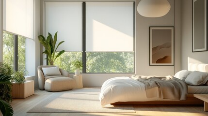 Obraz premium Modern bedroom sunrise sunlight minimalist interior design