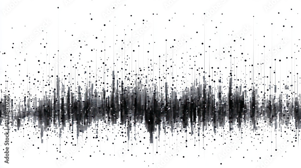 Poster abstract black and white digital data visualization. particle streams form a dynamic cityscape silho