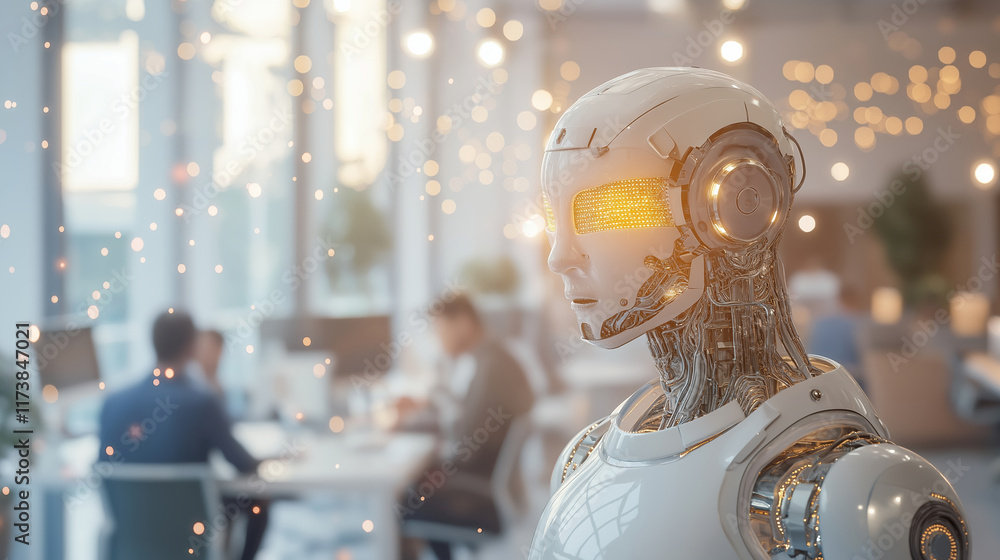 Poster an advanced humanoid ai robot glowing with intelligence, seamlessly integrated into a modern office 