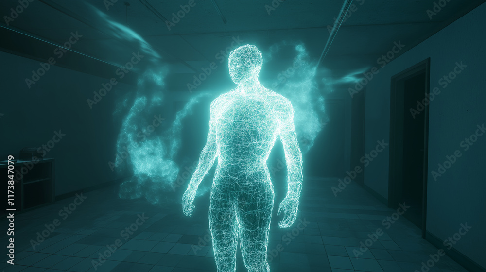 Poster a glowing holographic figure representing a neural network or digital human form, set in a dark futu