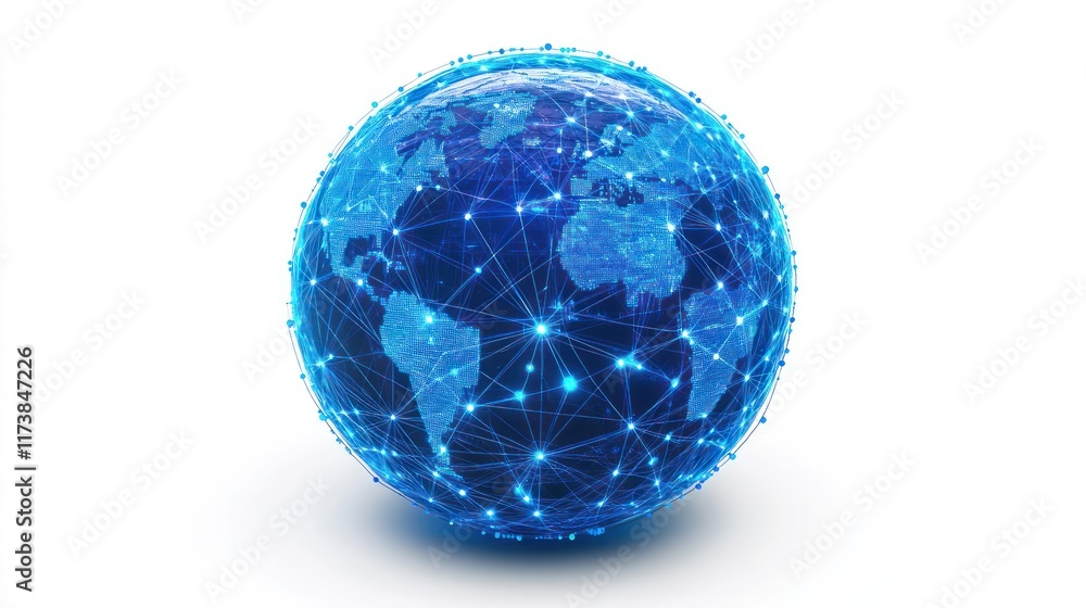 Poster a digital earth globe showcasing interconnected nodes and data flow. ideal for visualizing global ne