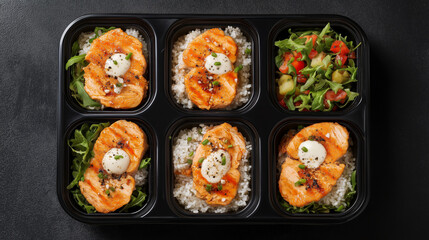 A neatly organized set of meal prep containers featuring grilled salmon, rice, and fresh salad, ideal for healthy and balanced meal planning.
