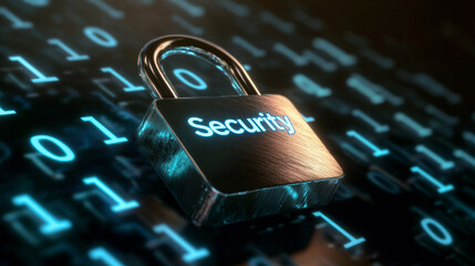 Digital background with data patterns and numbers in shades of blue with a shiny metallic padlock with the word “Security”.