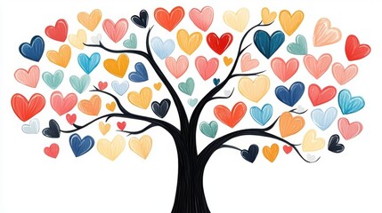 A whimsical tree adorned with colorful heart-shaped leaves.