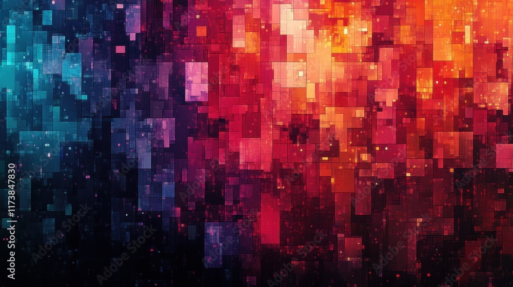 Poster vibrant abstract background with colorful pixelated patterns illuminated by warm and cool tones. gen