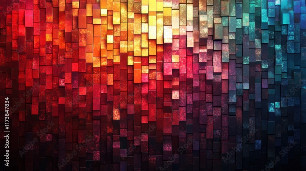 Poster vibrant mosaic of textured tiles creating a colorful abstract backdrop in a modern artistic setting.