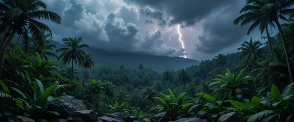 Dramatic thunderstorm illuminating lush tropical rainforest with lightning bolt flashing across dark sky, creating powerful and captivating scene of nature's raw energy.