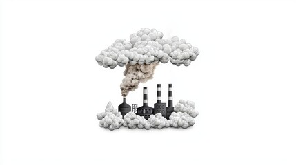Illustration of factories emitting pollution and smoke clouds.