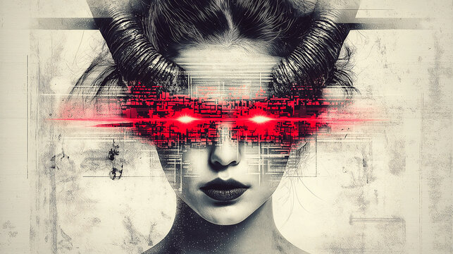 A woman with demonic red eyes, large curled horns, with her face deconstructed into black and white lines, in the style of digital glitch art