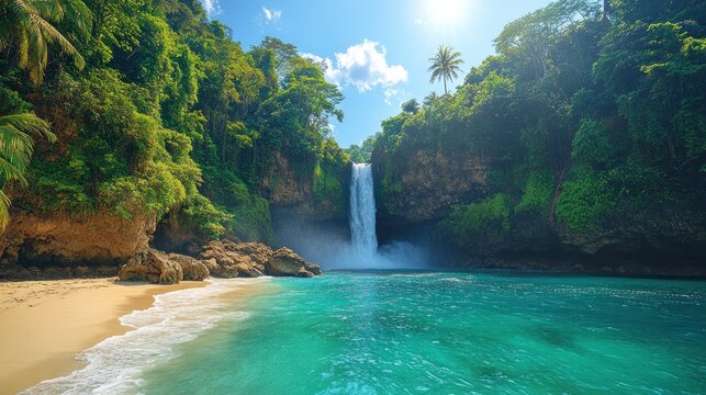 A serene tropical waterfall cascading into a turquoise lagoon surrounded by lush greenery.