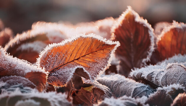 frost on fallen dry leaves close up selective consciousness iciness or autumn history with flora covered with snow soothing herbal heritage in tender colours