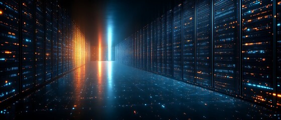Illuminated server room corridor with glowing data.