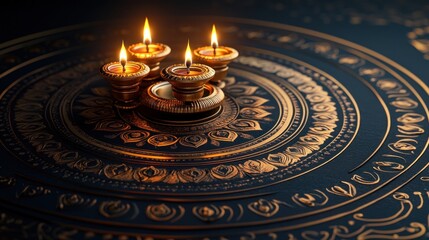 Golden Diwali diyas on an ornate black surface. Ideal for Diwali greetings, festive promotions, or cultural celebrations.