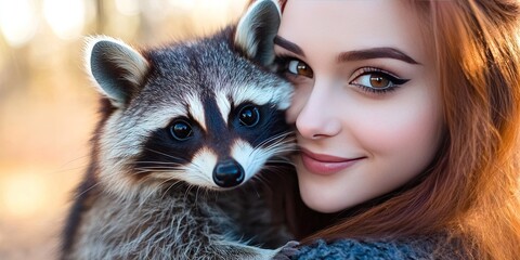 woman posing with pet raccoon
