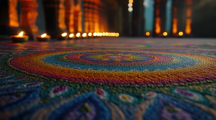 Vivid floor art illuminated by warm lights. Use for backgrounds, website banners, and cultural event promotions.