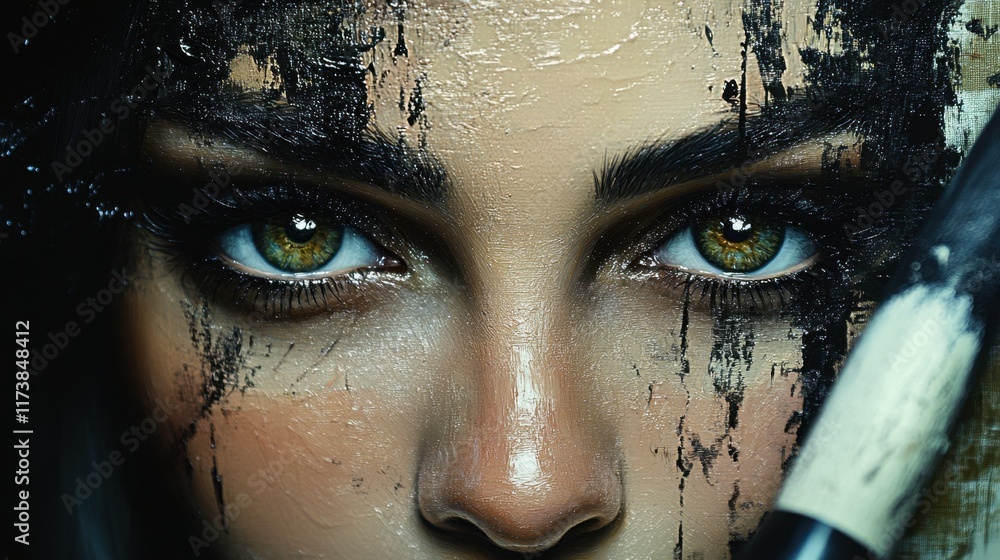 Poster enigmatic beauty gazes through a veil of artistic creation blending colors and textures in a captiva