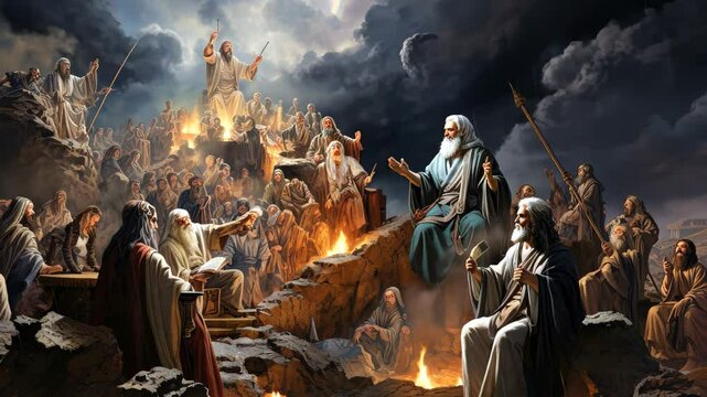 A dramatic gathering of biblical prophets in an ancient setting discussing divine revelations amid a stormy sky