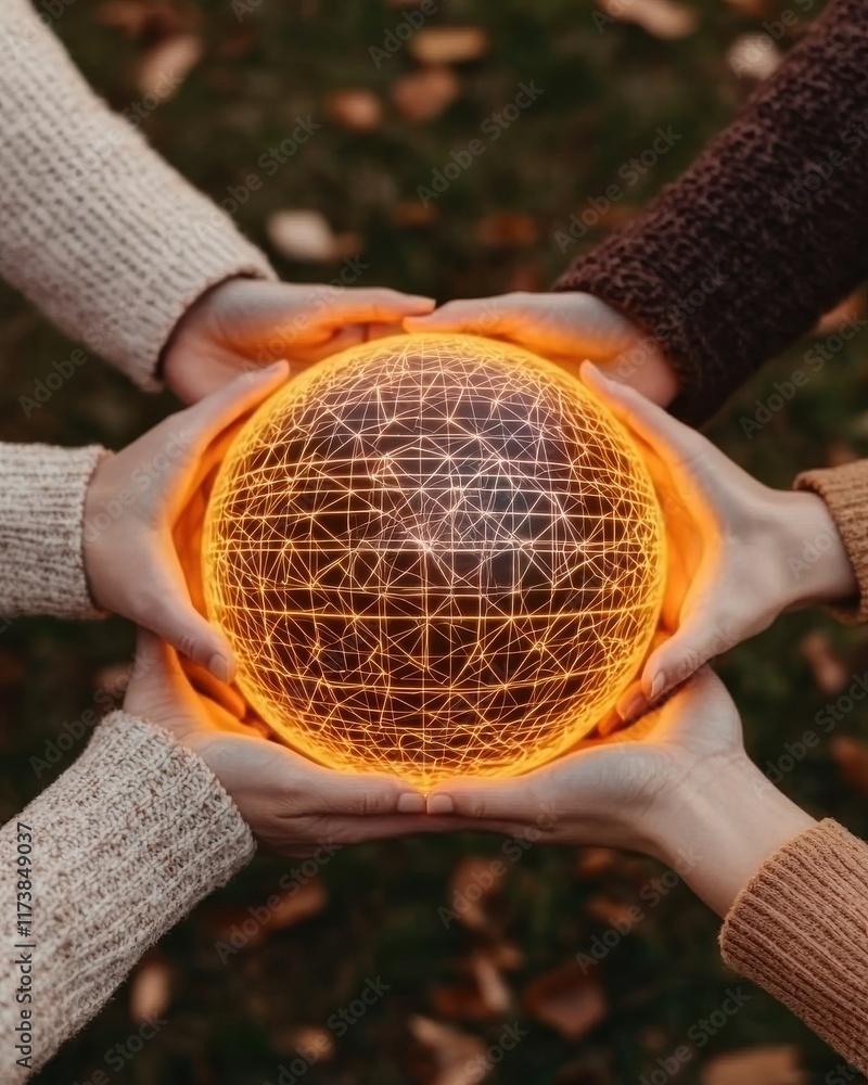 Poster global connection through unity in hands, symbolizing collaboration, innovation, and technology with