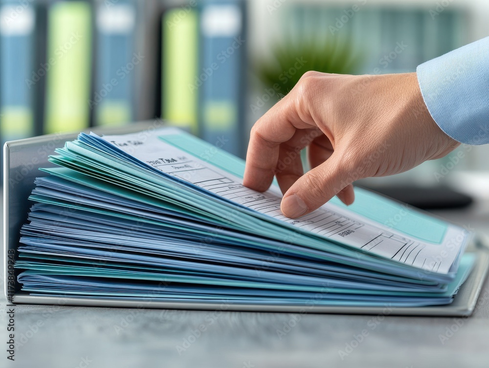 Poster hand of a person flipping through a large binder filled with neatly organized documents, showcasing 
