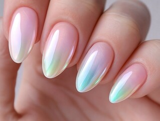 Glossy pastel ombre nails with iridescent finish.