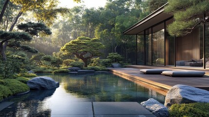 Tranquil garden retreat featuring serene waters and lush greenery at dawn under soft sunlight. Generative AI