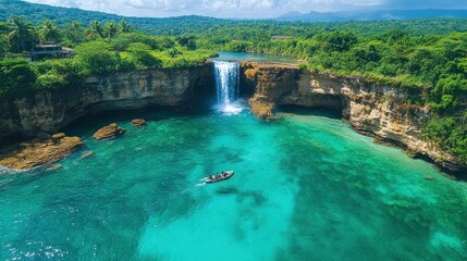 A serene waterfall cascading into a turquoise lagoon surrounded by lush greenery.