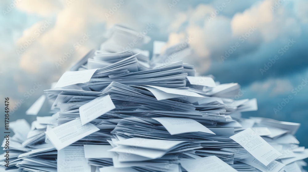 Poster a towering pile of disorganized papers against a cloudy sky symbolizing chaos in office environment 