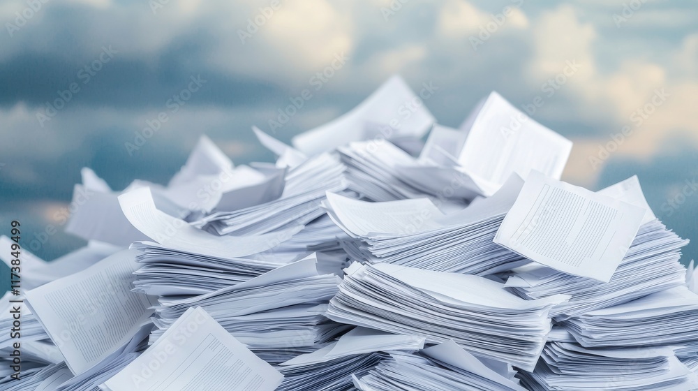 Poster a large pile of unorganized documents with soft cloudy sky background, symbolizing overload of paper