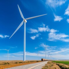 Fototapeta premium Wind turbines alongside a scenic train route, eco-tourism