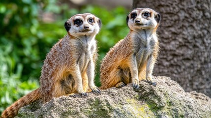 Fototapeta premium Alert Meerkats on Rocky Outcrop in Soft Lighting
