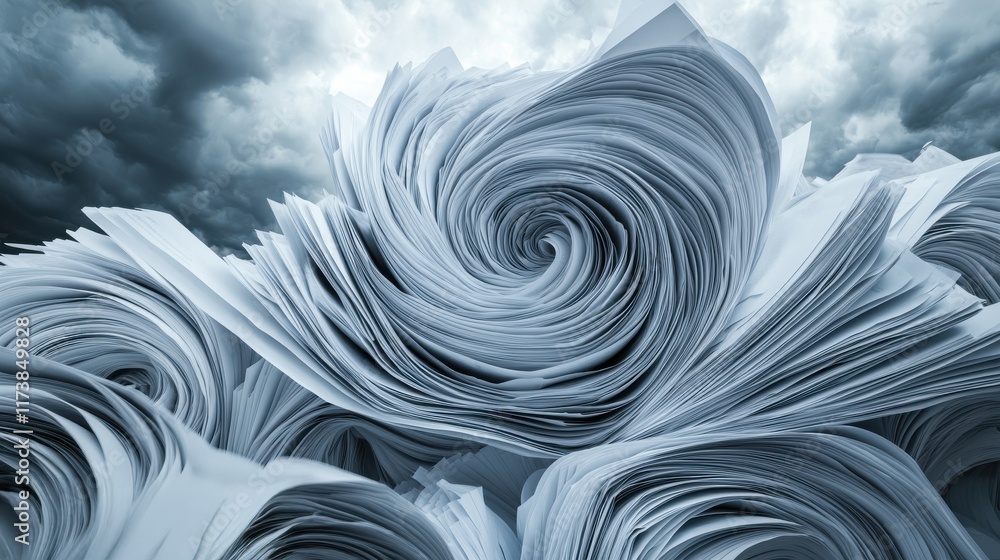 Aufkleber swirling paper sheets forming a dynamic pattern against a dramatic cloudy sky, representing movement