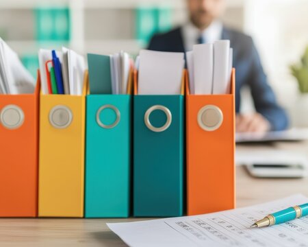Colorful office folders with documents arranged neatly on a desk, showcasing workplace organization and productivity in a modern business environment.